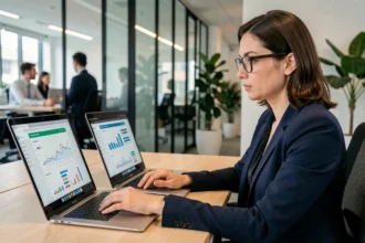 Professionnelle analysant des sites d'information d'entreprise sur deux écrans d'ordinateur portable dans un bureau moderne