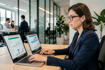 Professionnelle analysant des sites d'information d'entreprise sur deux écrans d'ordinateur portable dans un bureau moderne