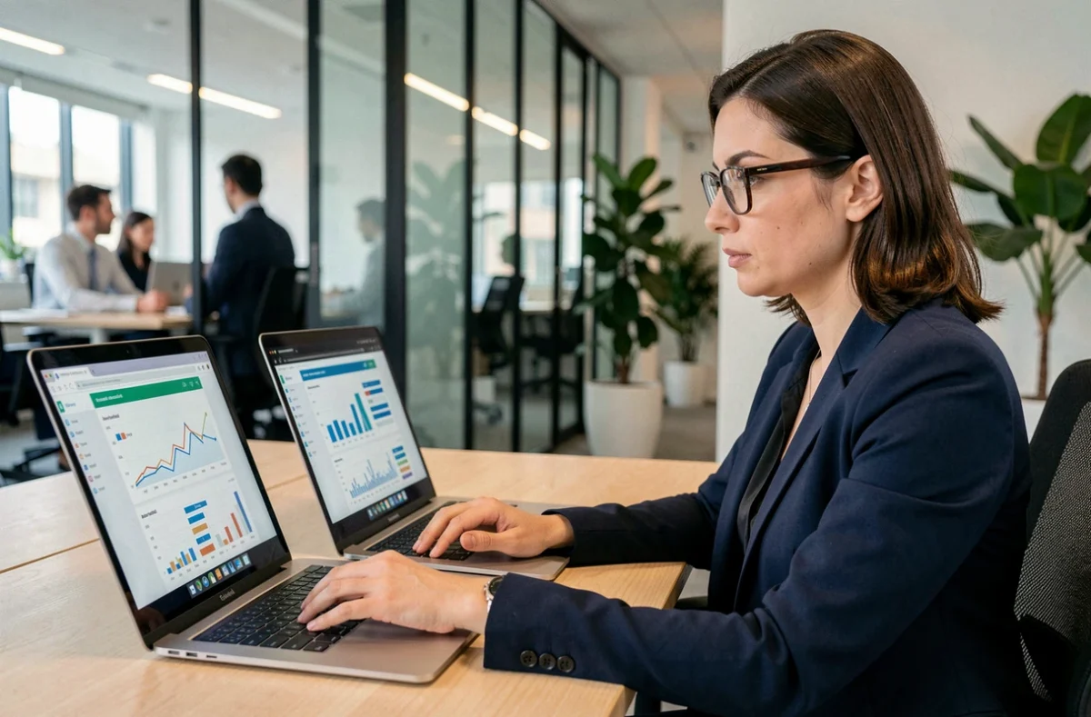 Professionnelle analysant des sites d'information d'entreprise sur deux écrans d'ordinateur portable dans un bureau moderne