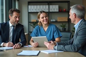 Trois professionnels en réunion dans un bureau moderne