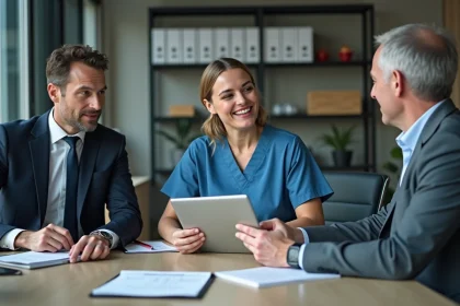 Trois professionnels en r&eacute;union dans un bureau moderne