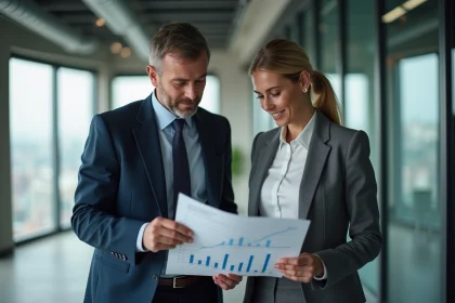 Deux professionnels en finance dans un bureau moderne