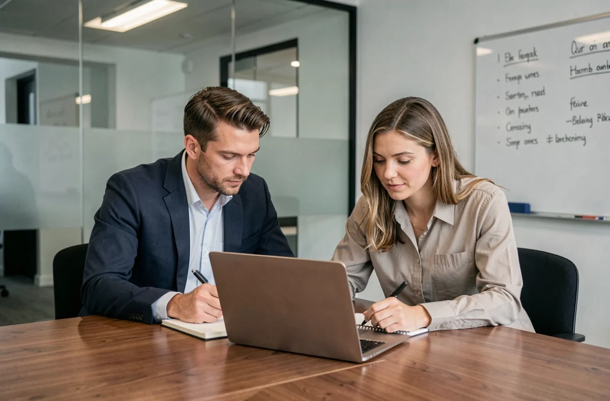 Deux professionnels en portage salarial échangeant autour d'un blog sur les bonnes pratiques en salle de réunion