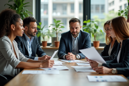 Groupe de professionnels autour d'une table en réunion sur la durabilite