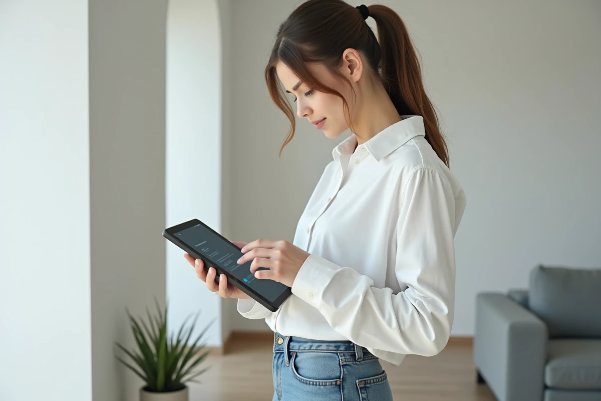 Jeune femme configurant les paramètres de confidentialité sur une tablette pour protéger son anonymat sur une plateforme de contenu payant