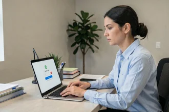 Femme au bureau récupérant son mot de passe sur une interface de messagerie Zimbra