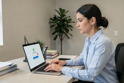 Femme au bureau récupérant son mot de passe sur une interface de messagerie Zimbra