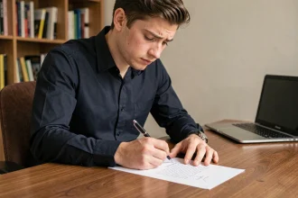 Jeune homme rédigeant une lettre de démission de contrat d'apprentissage à son bureau