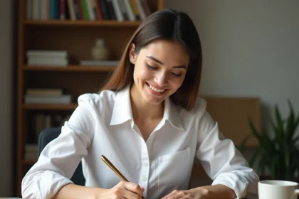 Jeune femme rédigeant une lettre de motivation pour un emploi d'été en intérim à son bureau
