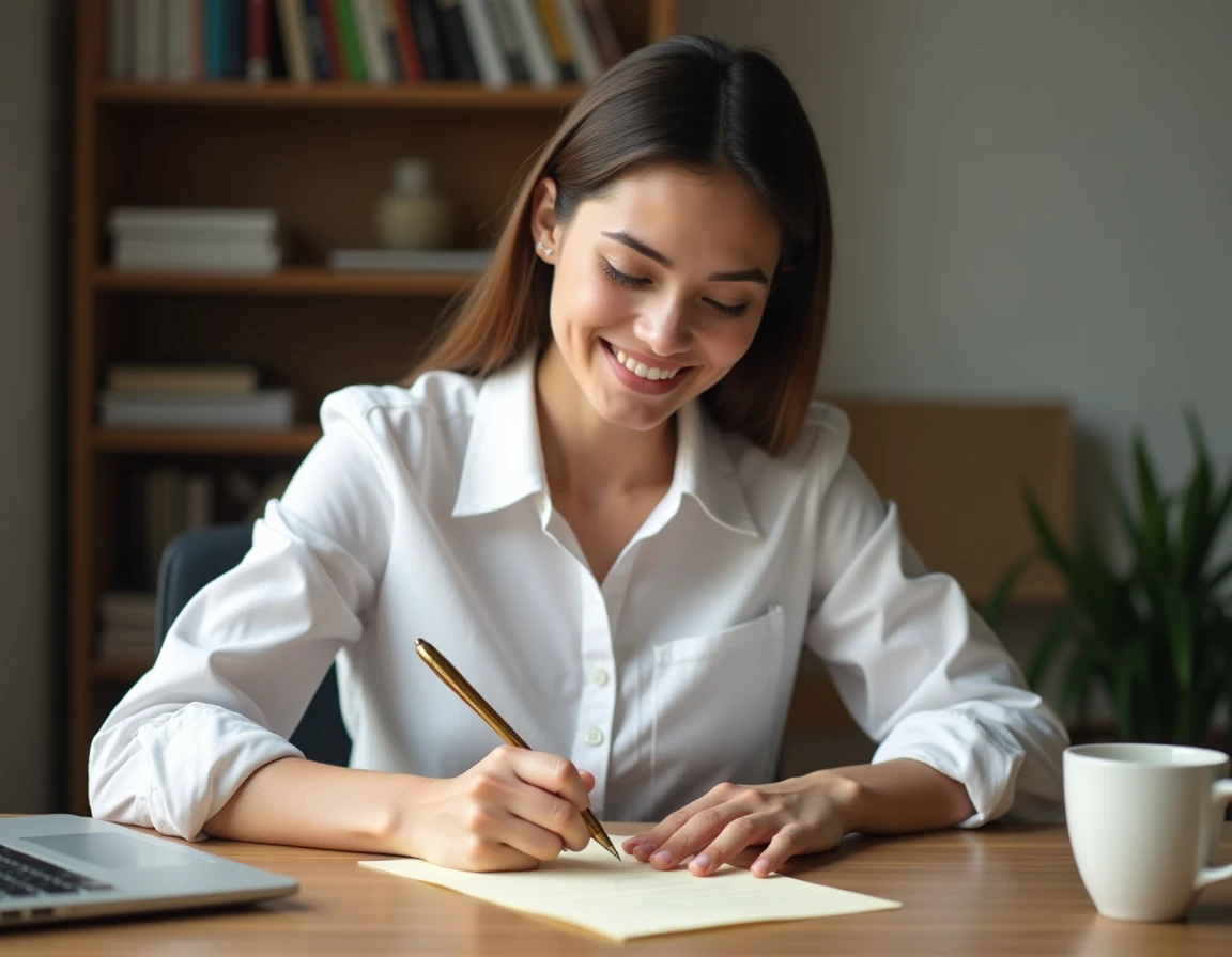 Jeune femme rédigeant une lettre de motivation pour un emploi d'été en intérim à son bureau