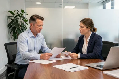 Homme en entretien de réembauche avec un responsable RH dans une salle de réunion d'entreprise moderne
