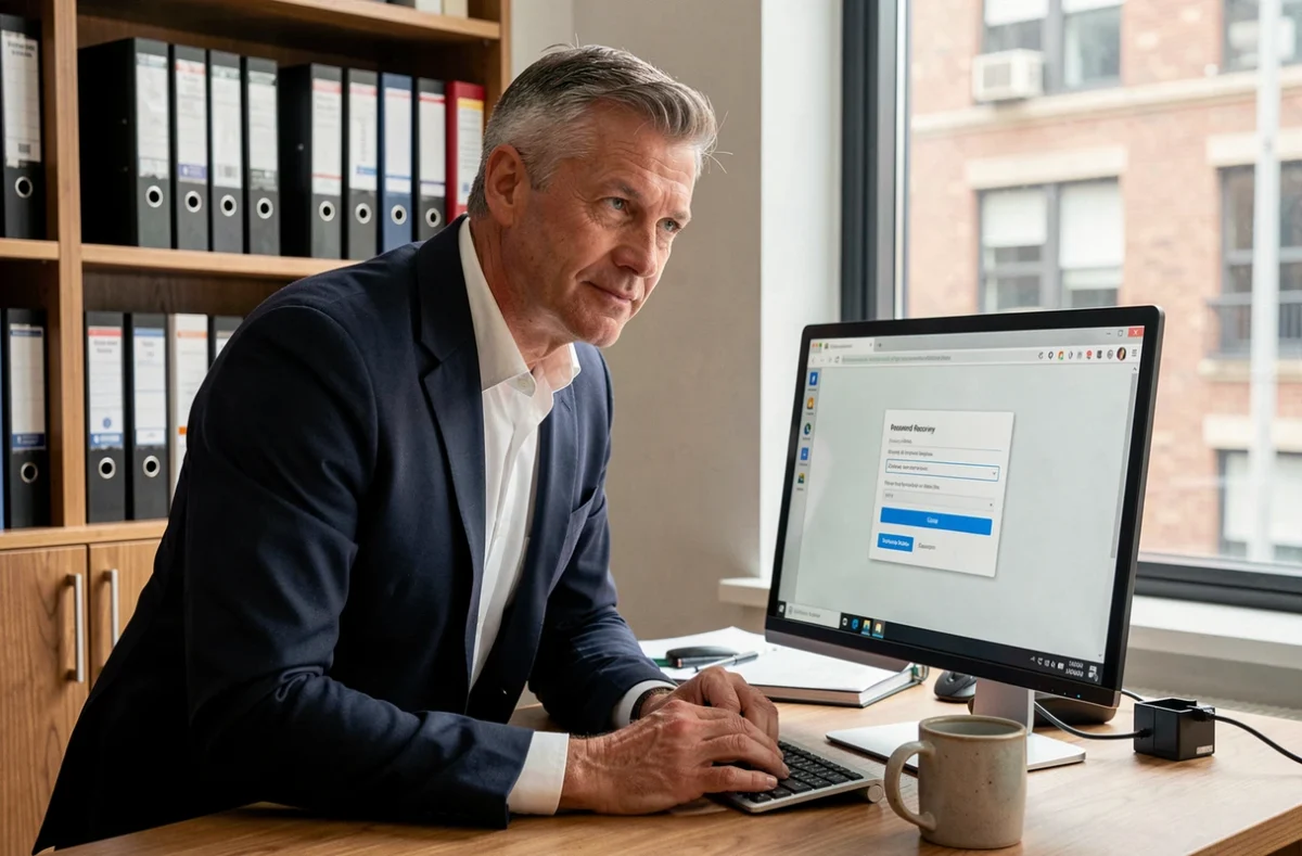 Homme en bureau réinitialisant son accès à la messagerie professionnelle Zimbra Mercure douane