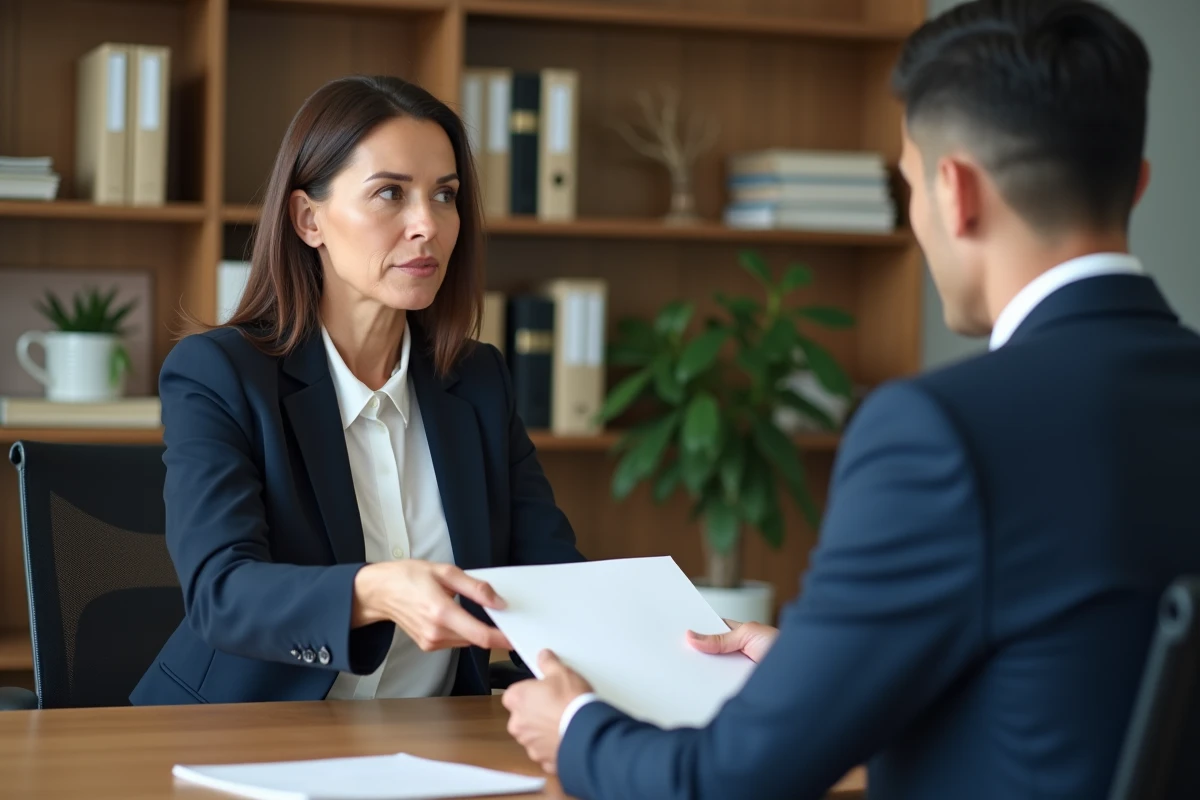 Femme en blazer remettant une lettre cachetée en main propre à un homme en costume dans un bureau professionnel