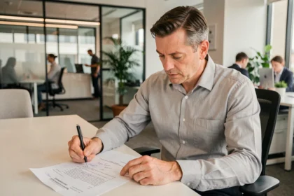 Responsable RH analysant un contrat de travail avec les mentions légales des 151,67 heures mensuelles dans un bureau moderne