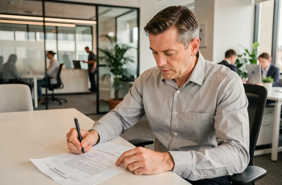Responsable RH analysant un contrat de travail avec les mentions légales des 151,67 heures mensuelles dans un bureau moderne