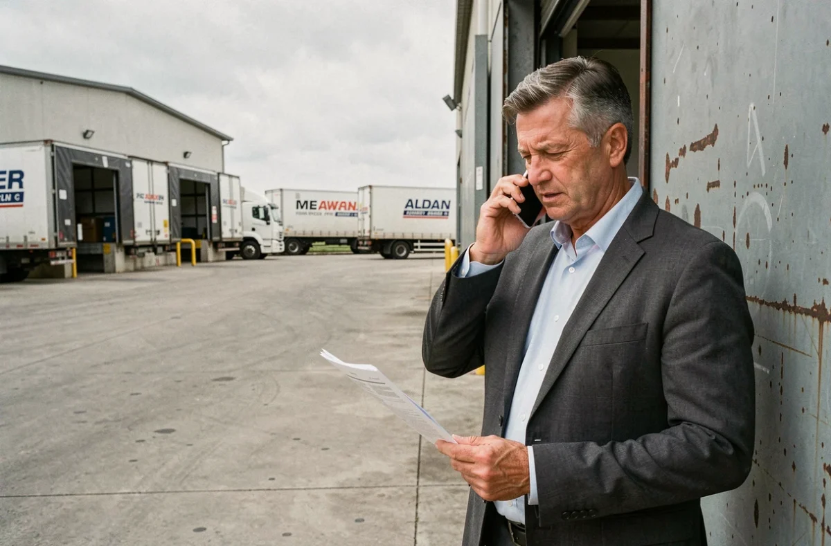 Responsable transport contactant DB Schenker par téléphone depuis un quai de chargement pour obtenir un devis fret