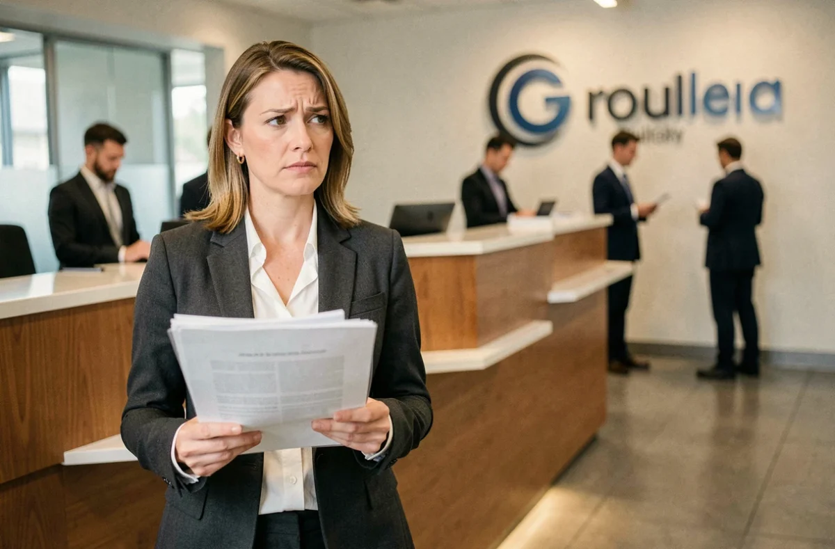 Femme cadre tenant un dossier de documents à l'entrée d'une entreprise après un retour au travail suite à un licenciement