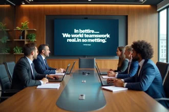 Groupe de professionnels en réunion d'équipe dans une salle de conférence moderne avec une citation esprit d'équipe affichée à l'écran