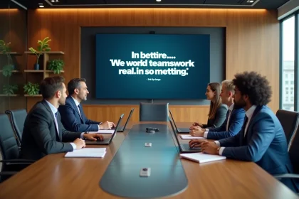 Groupe de professionnels en réunion d'équipe dans une salle de conférence moderne avec une citation esprit d'équipe affichée à l'écran