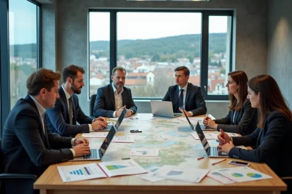 Élus et urbanistes d'une intercommunalité analysant des cartes territoriales lors d'une réunion de planification stratégique
