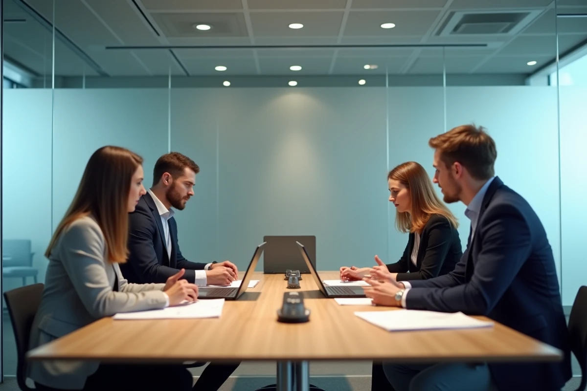 Réunion professionnelle dans une salle de réunion modulaire et démontable en entreprise à Lille