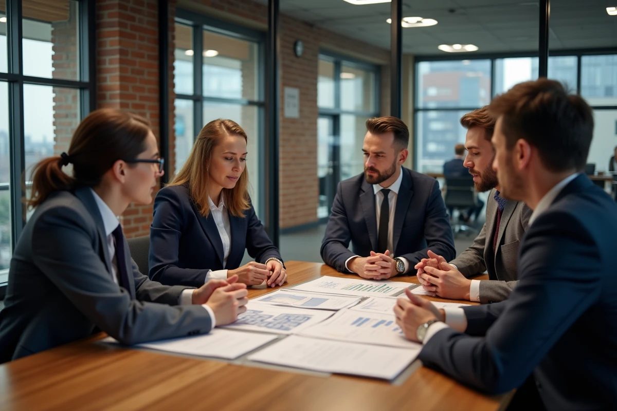 Groupe de professionnels en réunion dans un espace urbain
