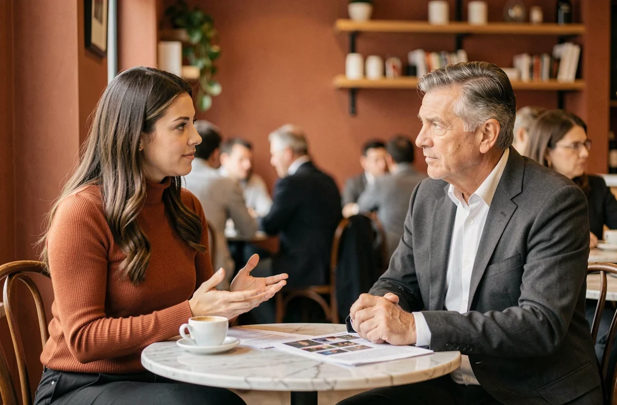 Deux professionnels lors d'une réunion de relance commerciale dans un café, échangeant de manière respectueuse et constructive autour de documents