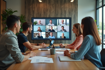 Groupe de professionnels en visioconference dans un bureau moderne