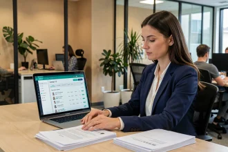 Responsable RH comparant des documents papier et un tableau de bord numérique sur son bureau, illustrant le choix entre gestion RH traditionnelle et solution digitale
