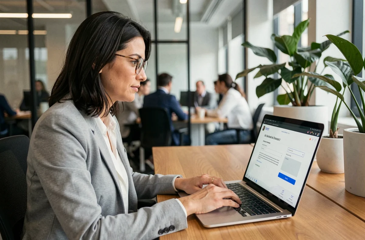 Salariée consultant son espace Coffreo sur ordinateur portable dans un bureau moderne