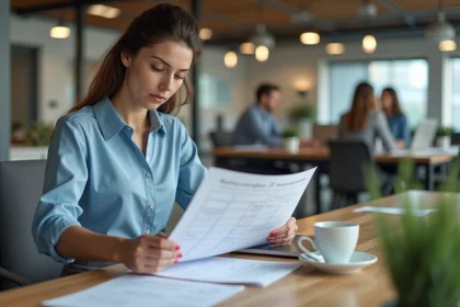 Femme salari&eacute;e en bureau consultant son planning hebdomadaire d'heures de travail sur papier et ordinateur portable