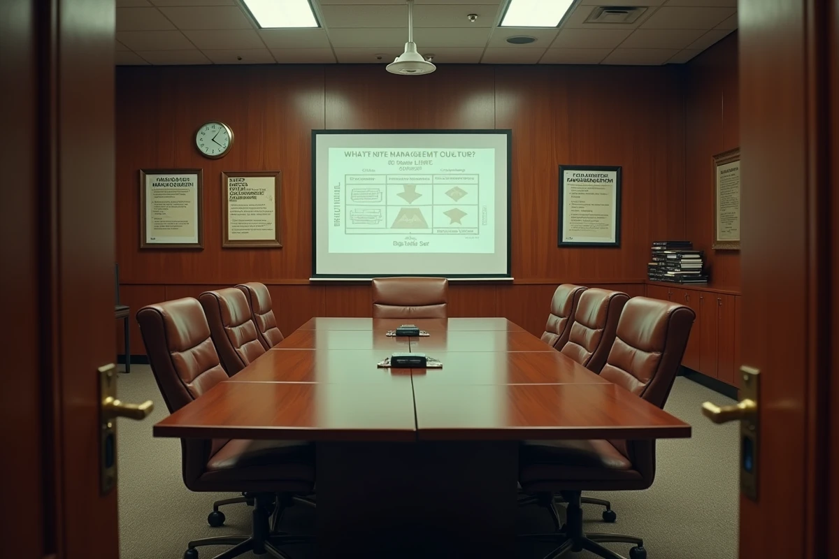 Salle de conseil d'administration américaine vide et vieillissante avec tableau de gestion affiché, symbolisant l'héritage et les zones d'ombre des systèmes de management traditionnels