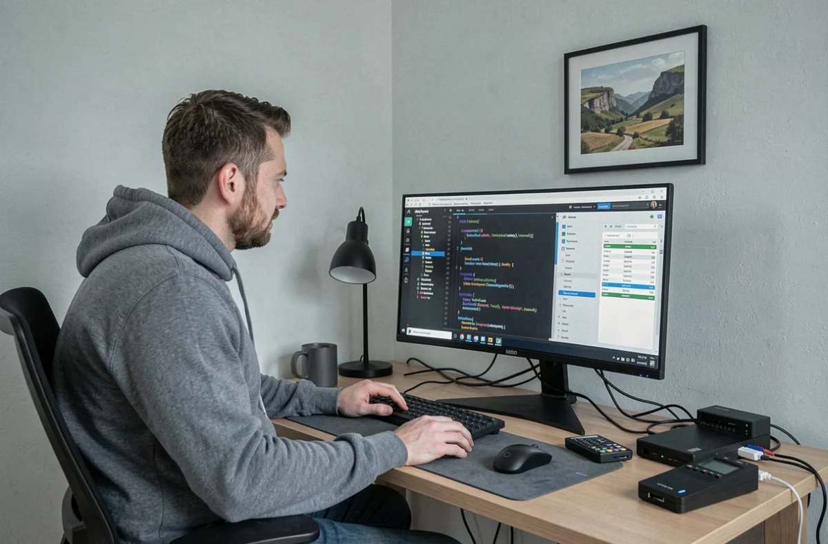 Webmaster indépendant SebWeb travaillant seul à son bureau sur des audits SEO et du développement web