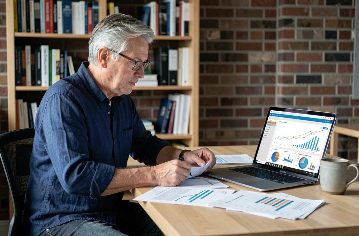 Entrepreneur consultant étudiant des données de segmentation client et ROI sur un tableau de bord CRM