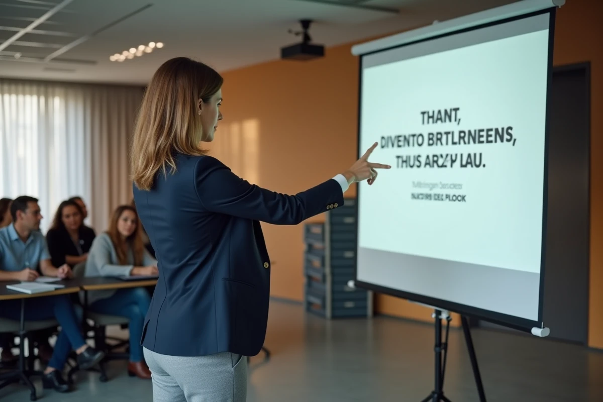 Femme présentant une citation motivante sur un panneau lors d'un séminaire professionnel devant ses collègues
