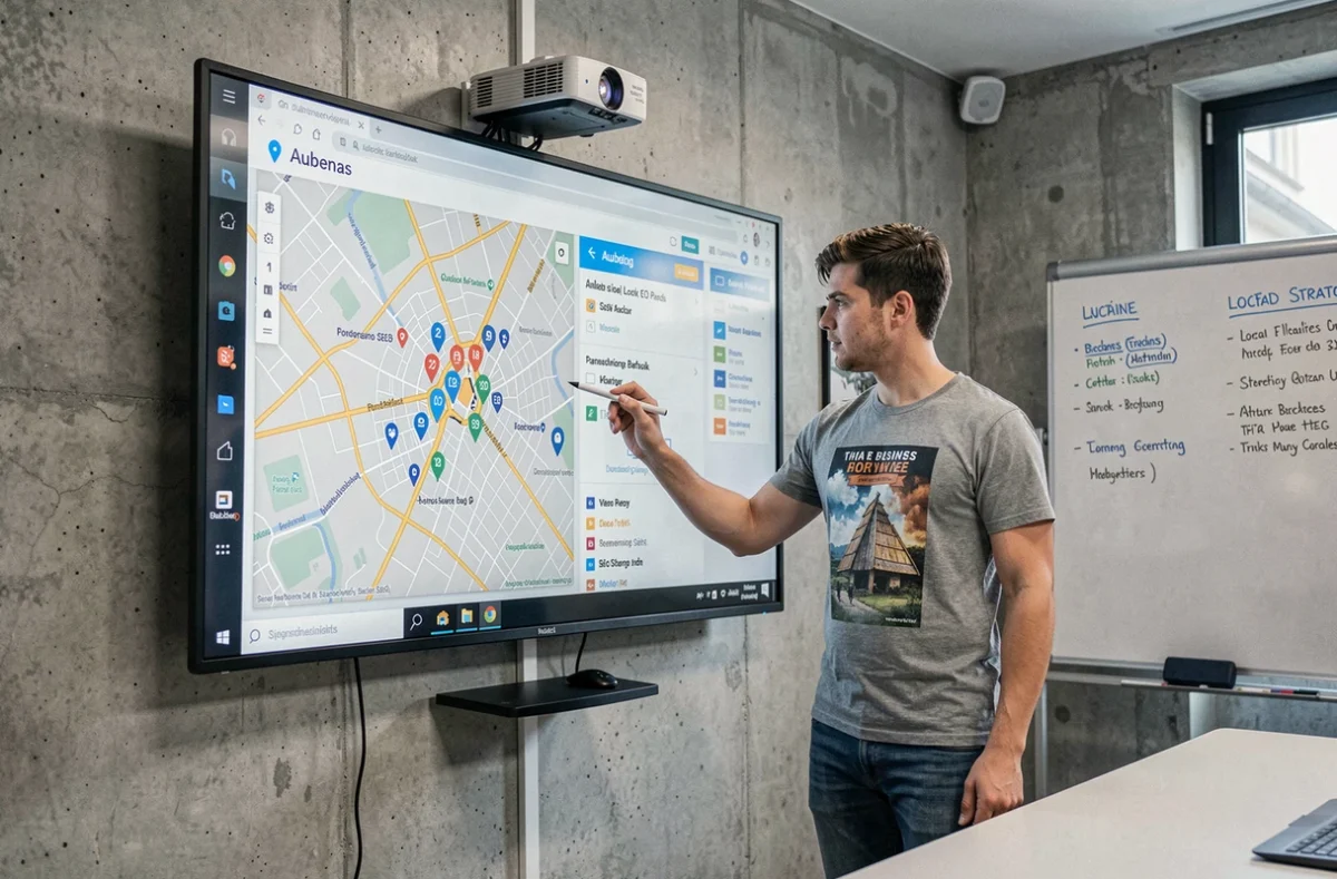 Consultant de SEO Supernova présentant une stratégie de référencement local pour Aubenas sur un grand écran