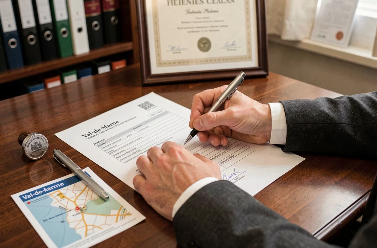 Signature d'un contrat de domiciliation d'entreprise avec un tampon officiel et une carte du Val-de-Marne