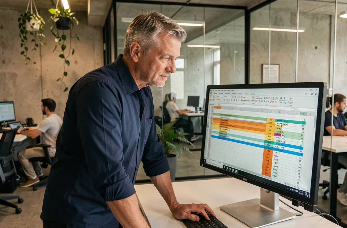 Homme consultant une simulation de portage salarial sur Excel dans un espace de co-working professionnel