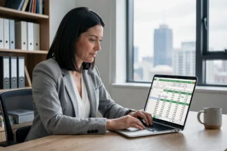 Femme professionnelle effectuant une simulation de portage salarial sur Excel dans un bureau à domicile moderne