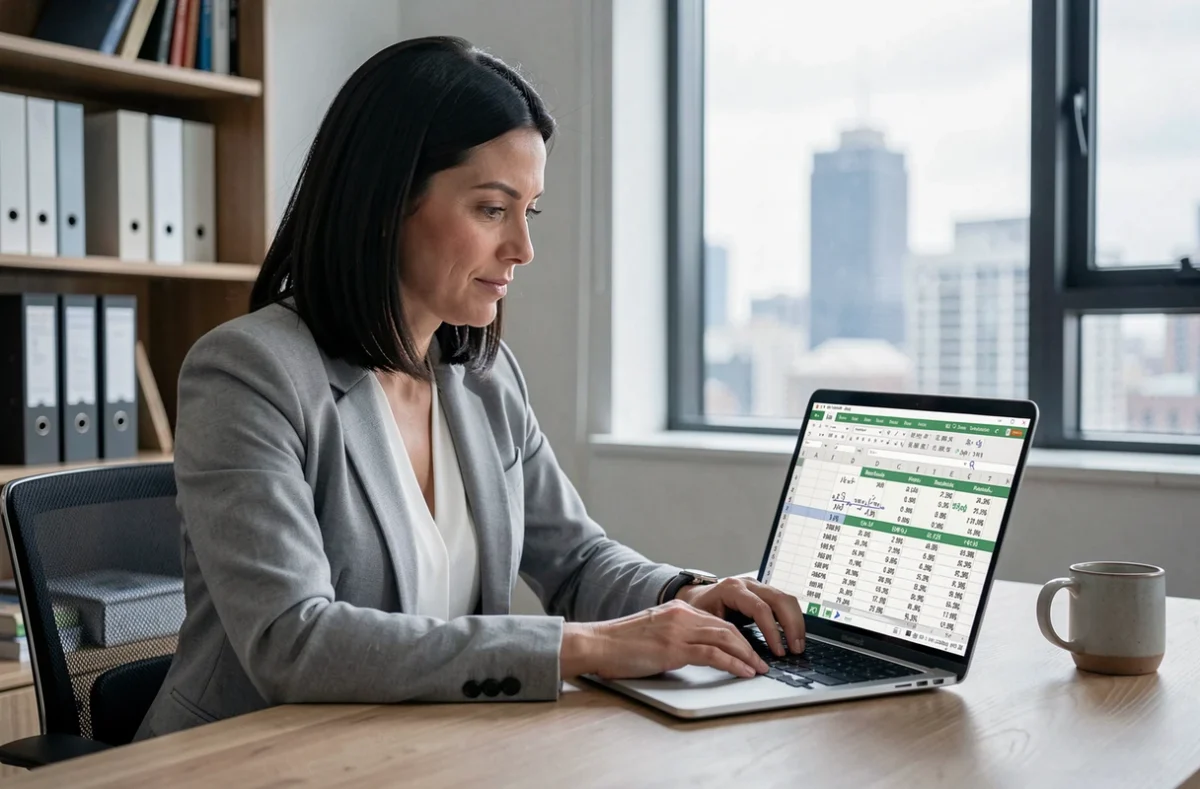 Femme professionnelle effectuant une simulation de portage salarial sur Excel dans un bureau à domicile moderne