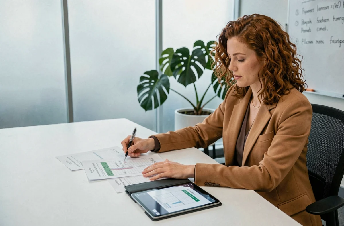 Consultante analysant une simulation de portage salarial imprimée depuis Excel lors d'une réunion professionnelle