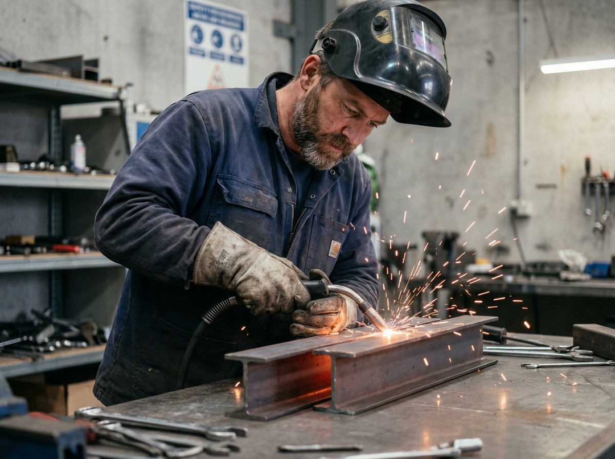 Homme en veste de travail soudant des poutres en acier