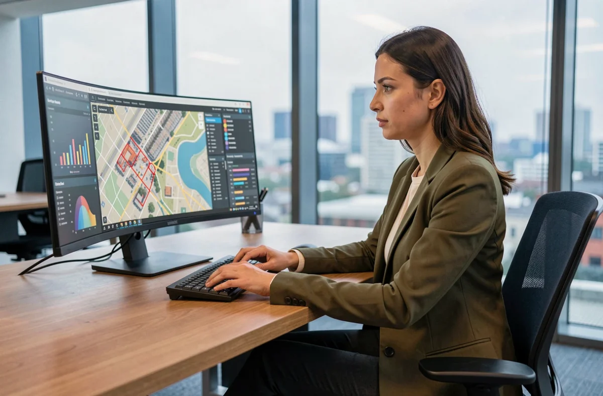 Professionnelle en développement commercial ciblant des chantiers sur une carte numérique de Bordeaux dans un bureau moderne