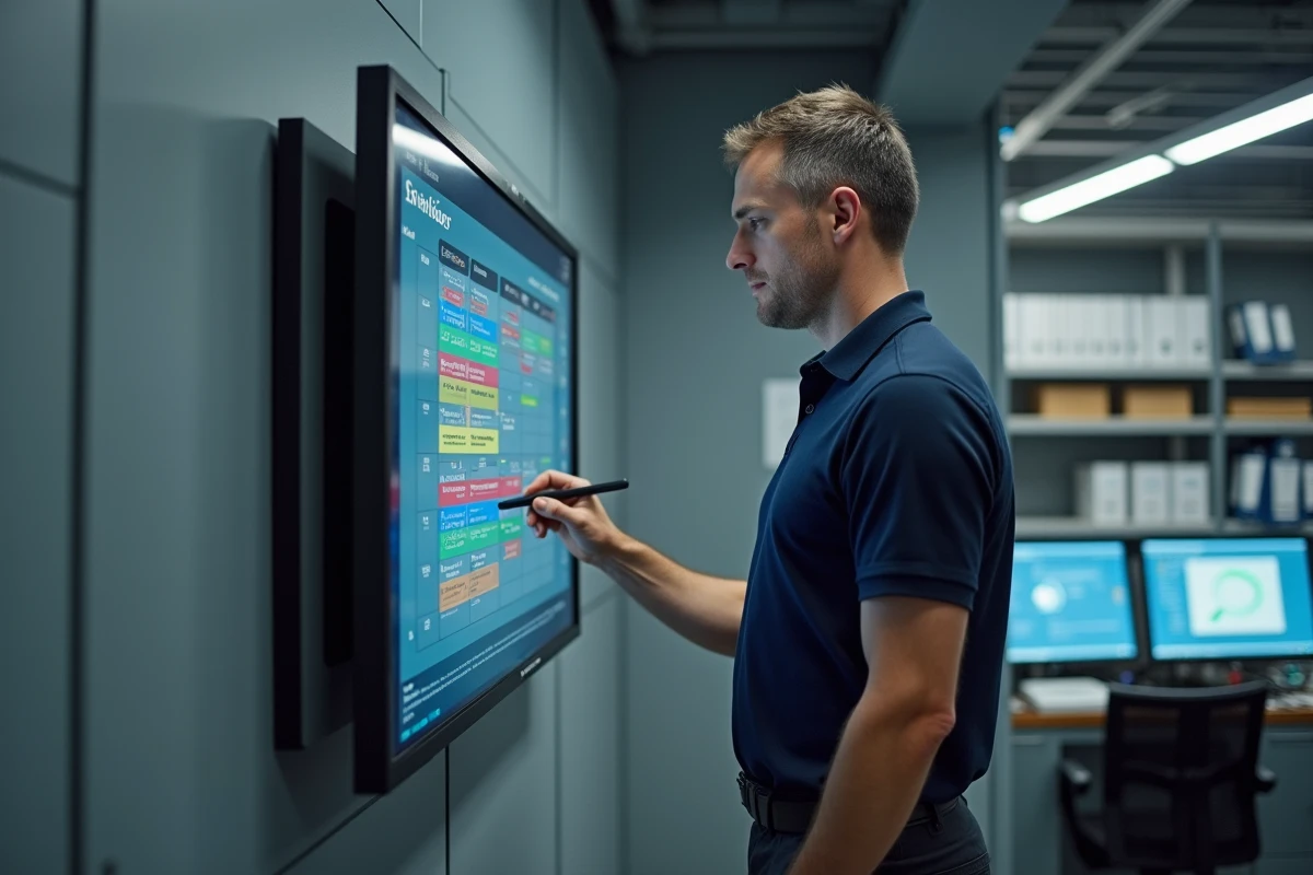 Superviseur d'&eacute;quipe ajustant un planning de rotation 5x8 sur un tableau num&eacute;rique interactif dans une salle de contr&ocirc;le industrielle