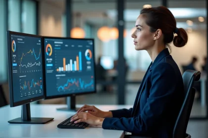 Responsable métier consultant un tableau de bord unifié sur deux écrans dans un bureau moderne