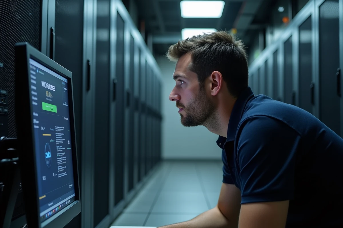 Technicien informatique analysant une alerte logicielle sur un ordinateur de bureau dans une salle serveur, dépannage d'une panne RH