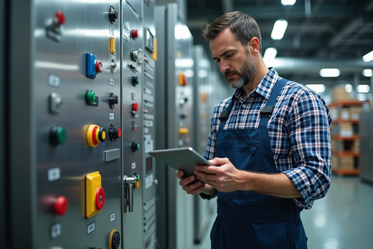 Technicien industriel vérifiant un panneau de contrôle