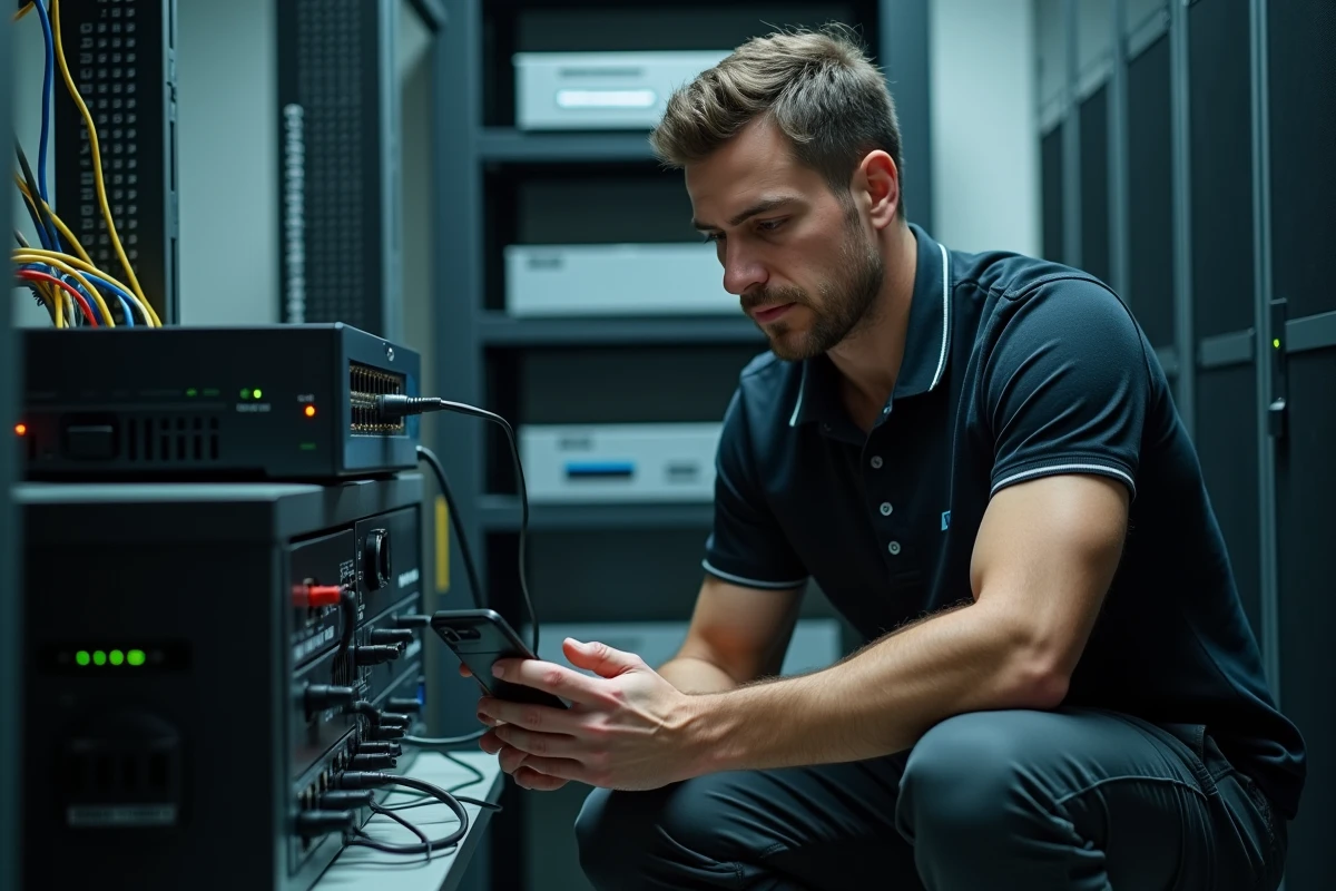 Technicien informatique vérifiant la connexion réseau et le routeur pour diagnostiquer un problème d'accès à Urbanweb