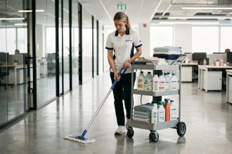 Technicienne de nettoyage professionnelle en uniforme poussant un chariot de nettoyage dans un couloir de bureau moderne