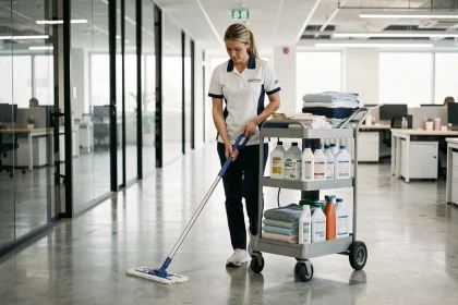 Technicienne de nettoyage professionnelle en uniforme poussant un chariot de nettoyage dans un couloir de bureau moderne
